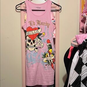 Ed Hardy Tank Dress in Pink with Skull and Heart Design